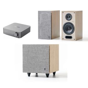   WiiM AMP hálózatképes sztereó erősítő  + Elipson Horus 6B hangfal + Horus 8S mélyláda, szettben - fekete/világos fa