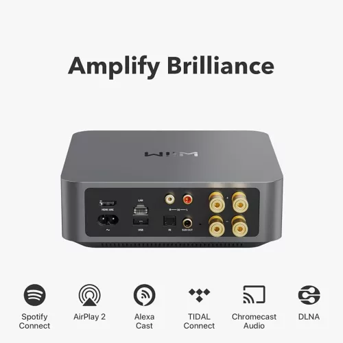 WiiM AMP hálózatképes sztereó erősítő  + Elipson Horus 6B hangfal + Horus 8S mélyláda, szettben - fekete/világos fa